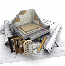 桌子桌面上的设计图纸和未完成的房子模型图片