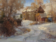 冬天雪景冬天雪地木屋风景油画图片