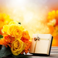 树木黄色玫瑰花与情人节礼物图片