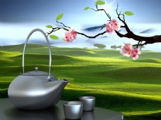 茶杯草原风景与茶壶图片