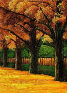 秋季金黄树叶风景装饰画
