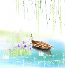 湖面小船背景墙