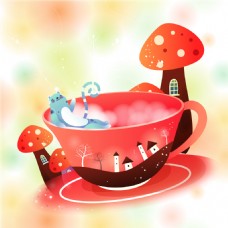 粉色可爱蘑菇杯子装饰画