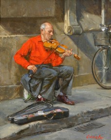 拉小提琴的西方老人油画图片