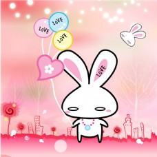 手牵爱心气球的粉色小白兔装饰画