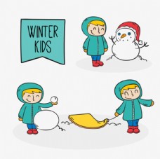 卡通在雪地里玩耍的孩子