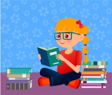 小女孩阅读书插画